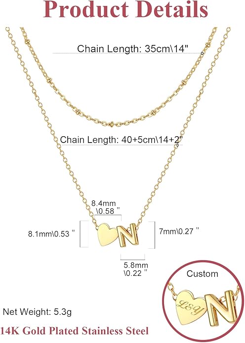 FOCALOOK Layered Initial Necklace for Women, 14K Gold Plated Choker Necklaces Stacks with Initial A-Z, Dainty Silver Heart Pendant Necklace Personalized Birthday Women Jewelry