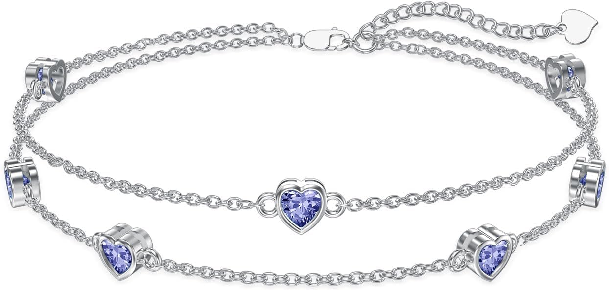 Dorunmo Heart Birthstone Anklet Bracelets for Women 925 Sterling Silver Birthday Jewelry Best Mother's Day for Women Wife