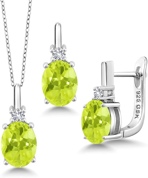 Gemstone Birthstone and White Created Sapphire Pendant and Earrings Jewelry Set for Women in 925 Sterling Silver | Oval 8X6MM and Round 2.5MM | With 18 Inch Chain | Fine Jewelry for Her Mom Women Wife