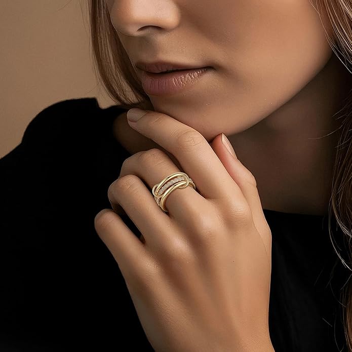 Emibele 14K Gold Plated Stackable Rings for Women, Interlocking Non Tarnish Gold Rings, Silver Dainty Cubic Zirconia Bands, Two-Toned Mixed Metal Stacking Band, Trendy Jewelry Gifts for Women
