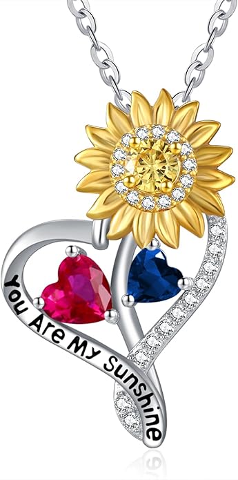 Zeuslia Double Birthstone Necklace Gifts for Wife - 925 Sterling Silver Sunflower/Rose/Crown Cross/Compass/Heart Pendant I Love You Necklace, Anniversary Birthday Gifts for Wife Girlfriend Mom Her