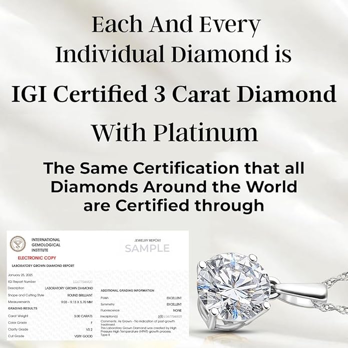 IGI Certified 0.5–4 Carat Lab Grown Diamond Solitaire Pendant Necklace (E-F Color VS Clarity) Solid 14K Gold / Platinum / Sterling Silver 20" Chain Anniversary Jewelry for Women Gifts