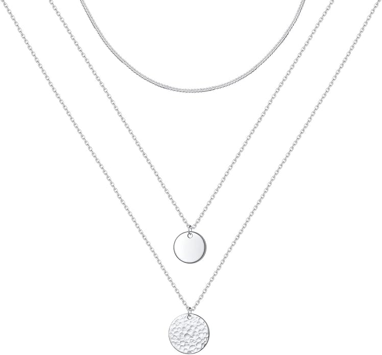 S925 Sterling Silver Layered Necklaces Multi 3 Layer Circle Bar Boho Long Triple Choker Pendant Necklace Jewerly Gift for Women