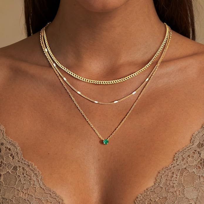 WomenGifts Layered Gold Necklaces for Women, 14K Gold Sterling Silver Plated Dainty Pendant Necklace Set with Cubic Zirconia Circle, Chunky Stackable Cuban Chain Choker, Trendy Personalized Birthstone Jewelry Gift Non Tarnish