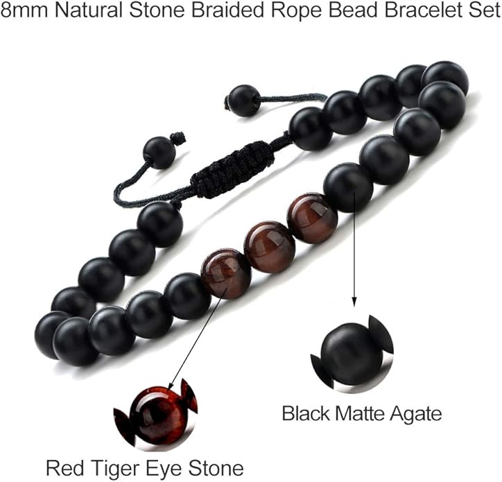 M MOOHAM Natural Stone Bracelets for Men - 8mm Tiger Eye, Matte Agate, Lava Rock - Teen Boys Gifts for Birthday, Anniversary, Christmas