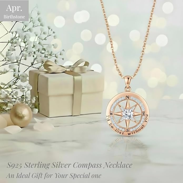 Compass Necklace for Women Wife Girlfriend Mom Daughter Gifts S925 Silver Jewelry For Anniversary Rose Gold Gifts For Birthday Christmas Mothers Valentines Day 12 Birthstones