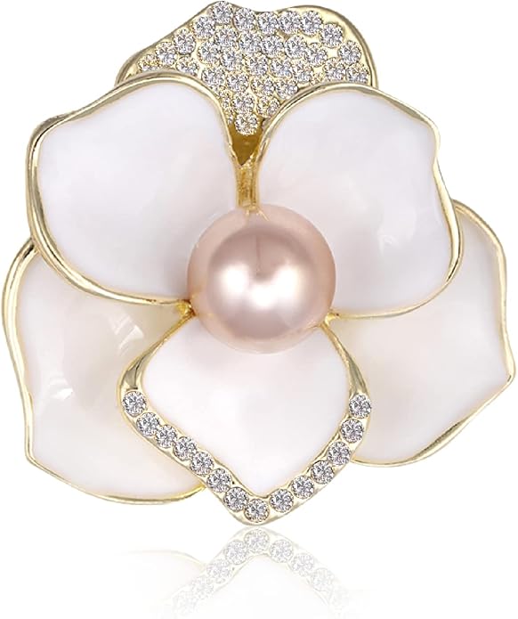 Brooches for Women White Pearl Flower- Austrian Rhinestone Brooch Jewelry - Ladies Wedding Bouquet Brooches Pin for Birthday, Christmas, Anniversary