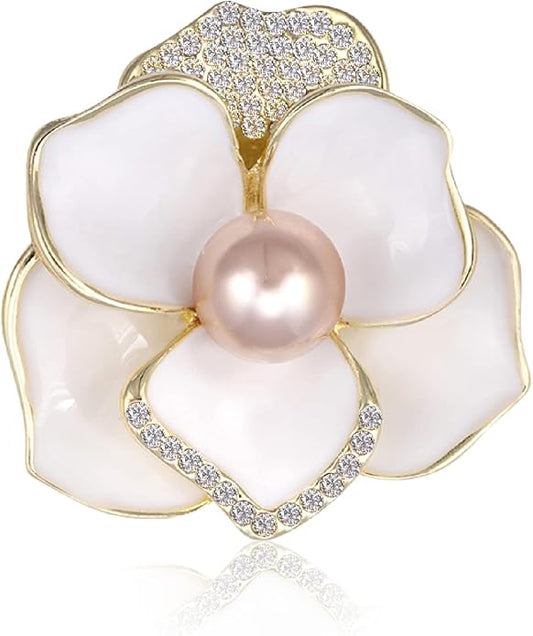 Brooches for Women White Pearl Flower- Austrian Rhinestone Brooch Jewelry - Ladies Wedding Bouquet Brooches Pin for Birthday, Christmas, Anniversary