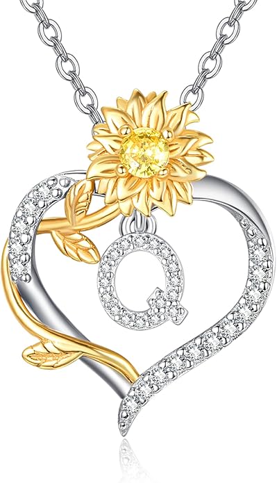AENEAS Sunflower Initial Necklace for Women Gold Plated Sterling Silver Letter Heart Pendant Jewelry Gift for Mom Wife Birthday Anniversary Christmas