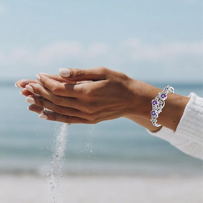 Three Amethysts Vine Cuff Bracelet Sterling Silver Adjustable Bohemian Bangle, February Birthstone Gift for Her Purple Crystal Healing Jewelry