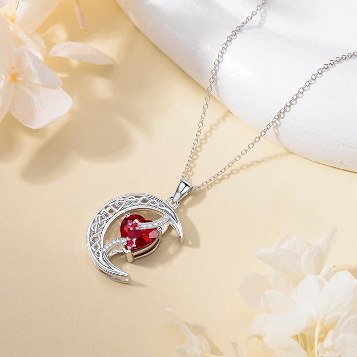 TOUPOP Moon and Star Birthstone Necklace for Women 925 Sterling Silver Celtic Moon Jewelry Birthday Christmas Gifts for Her Girlfriend