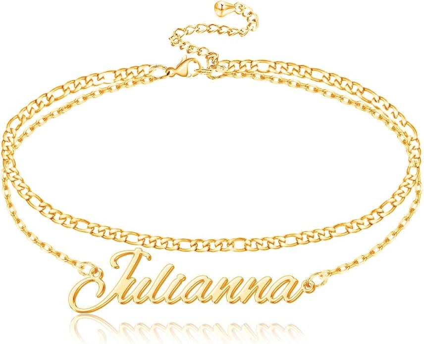 Personalized Name Ankle Bracelet for Women Custom Layered Name Anklet with Initials 18K Gold Plated Graduation Gift Customized Anklets for Women 8.7”-10.7”