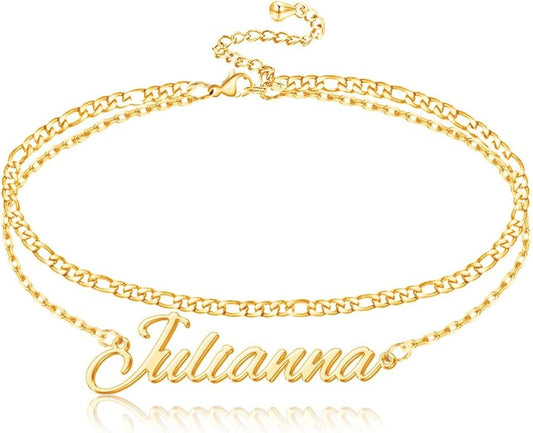 Personalized Name Ankle Bracelet for Women Custom Layered Name Anklet with Initials 18K Gold Plated Graduation Gift Customized Anklets for Women 8.7”-10.7”