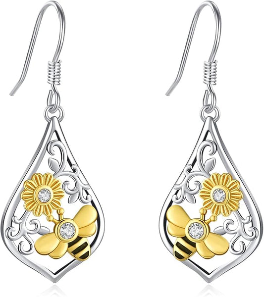 Sterling Silver Tree of Life/Flower/Bee/Animals/Cat/Hummingbird Dangle Earrings Moonstone Turquoise Drop Leverback Earrings Jewelry Gifts