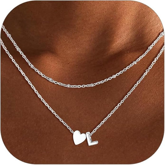 FOCALOOK Layered Initial Necklace for Women, 14K Gold Plated Choker Necklaces Stacks with Initial A-Z, Dainty Silver Heart Pendant Necklace Personalized Birthday Women Jewelry