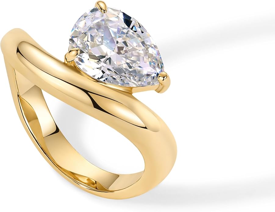 PAVOI 14K Gold Plated Wavy Engagement Ring for Women | Solitaire Cubic Zirconia Wedding Band & Promise Rings for Her | Trendy Fashion Jewelry