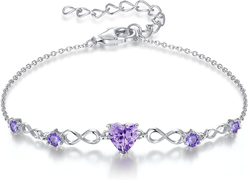 G&GEMSJEW Infinity Heart Birthstone Bracelets for Women, 925 Sterling Silver Women Charm Link Bracelet Adjustable, Birthday Anniversary Christmas Jewelry Gifts for Women Wife Mom Girlfriend Her