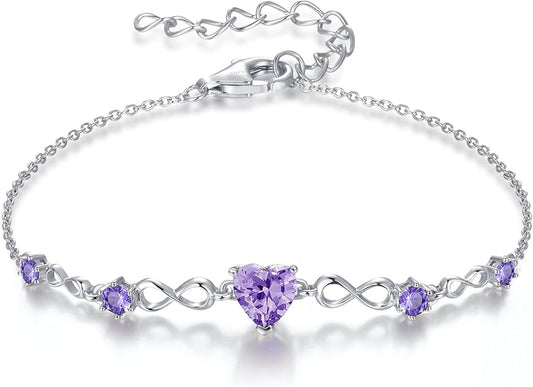 G&GEMSJEW Infinity Heart Birthstone Bracelets for Women, 925 Sterling Silver Women Charm Link Bracelet Adjustable, Birthday Anniversary Christmas Jewelry Gifts for Women Wife Mom Girlfriend Her