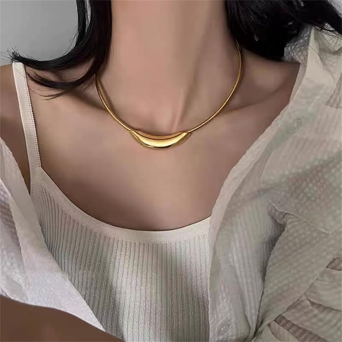 Stailess Steel Metal Curved Bar Tube Choker Necklace For Women,Statement Chunky Snake Chain Horizontal Round Tube Jewelry Necklace