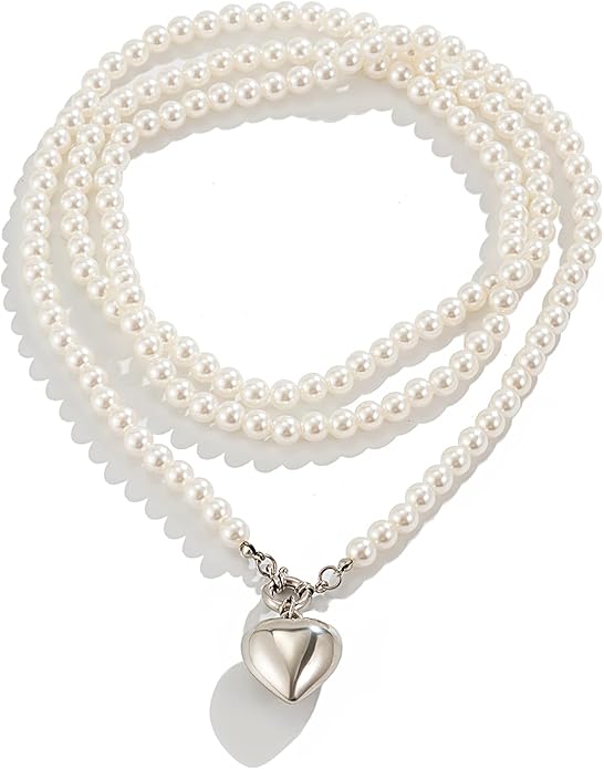 Chunky Gold Heart Necklaces for Women Long Pearl Heart Pendant Necklace Layered Puffy Love Pearl Choker Necklace Trendy Y2k Jewelry Accessory Gifts