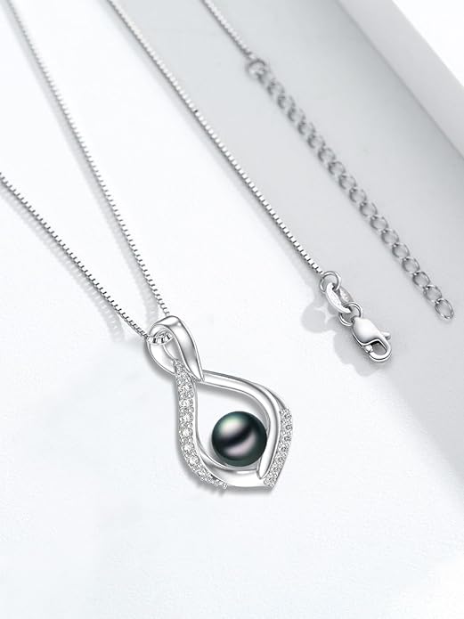 Tahitian Black Pearl Necklace Infinity Gifts for Women Wife Wedding Birthday Anniversary Jewelry Valentines Christmas Day Gifts 925 Sterling Silver