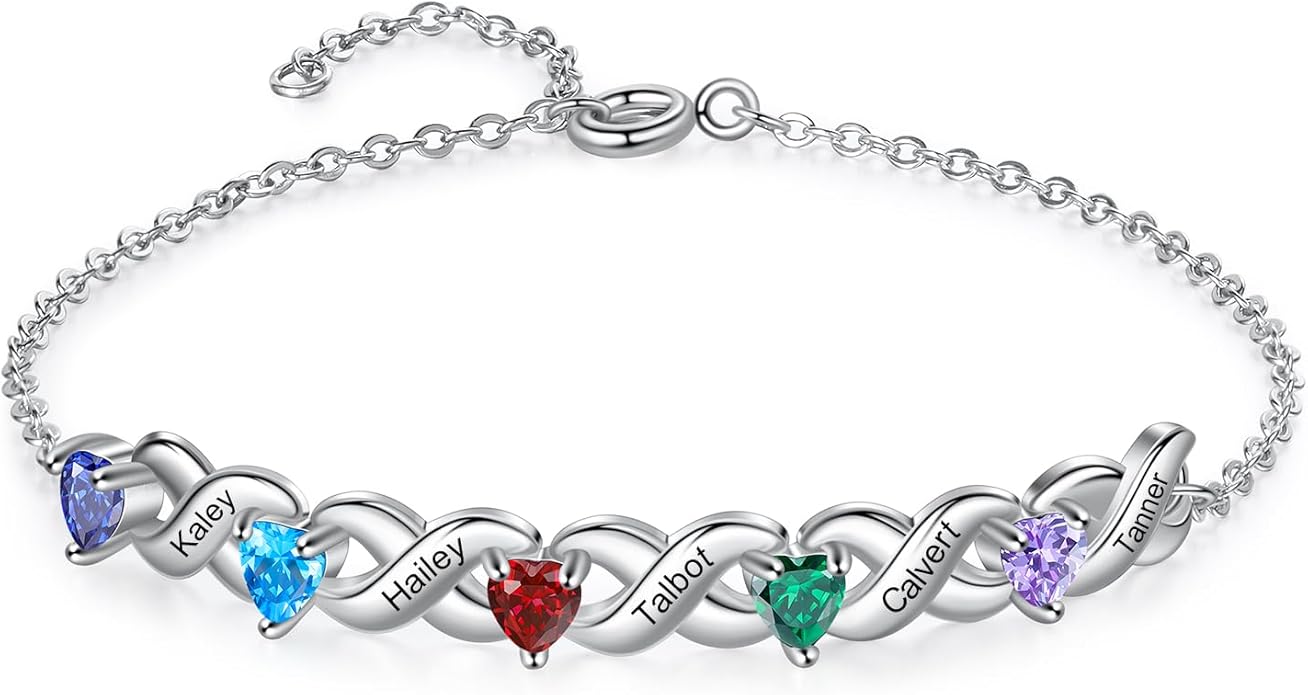 Personalized Custom Name Heart Bracelet with 1-6 Birthstone Bracelets for Women Engraved Family Names Link Bracelets for Mother's Day Mom Daughter