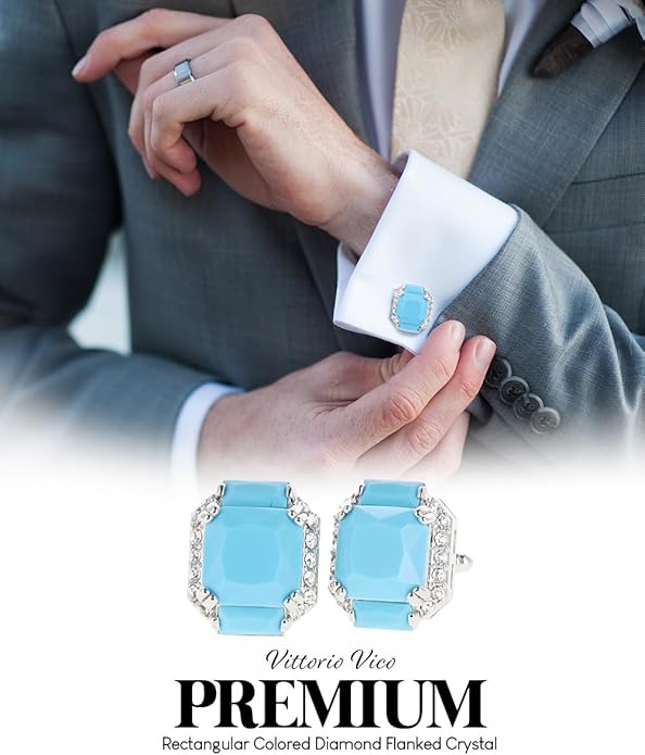 Rectangular Colored Diamond-Flanked Crystal Cuff Links – Tuxedo Suit Accessories, Cufflinks for Men