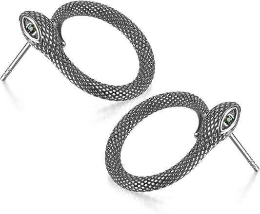 snake shaped personalized earrings with stainless steel pattern inlaid with emerald gemstones, showcasing unique charm for daily parties