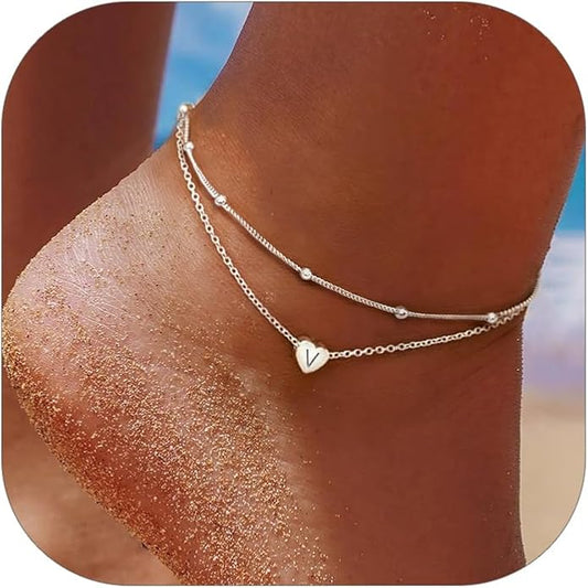 ChicSilver Sterling Silver Anklets for Women 925 Ankle Bracelets for Women Layered Heart Anklet With Beaded Anklets for Women