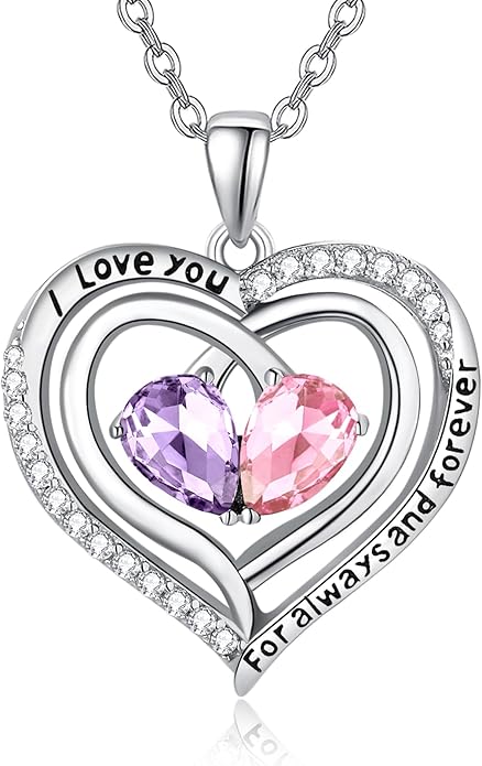 Zeuslia Double Birthstone Necklace Gifts for Wife - 925 Sterling Silver Sunflower/Rose/Crown Cross/Compass/Heart Pendant I Love You Necklace, Anniversary Birthday Gifts for Wife Girlfriend Mom Her