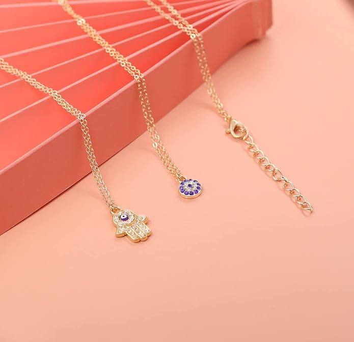 Baydurcan Dainty Evil Eye Necklace and Hamsa Necklace Turkish Blue Eye Hand Pendant Necklace 3pcs Lucky Jewelry Gift for Women