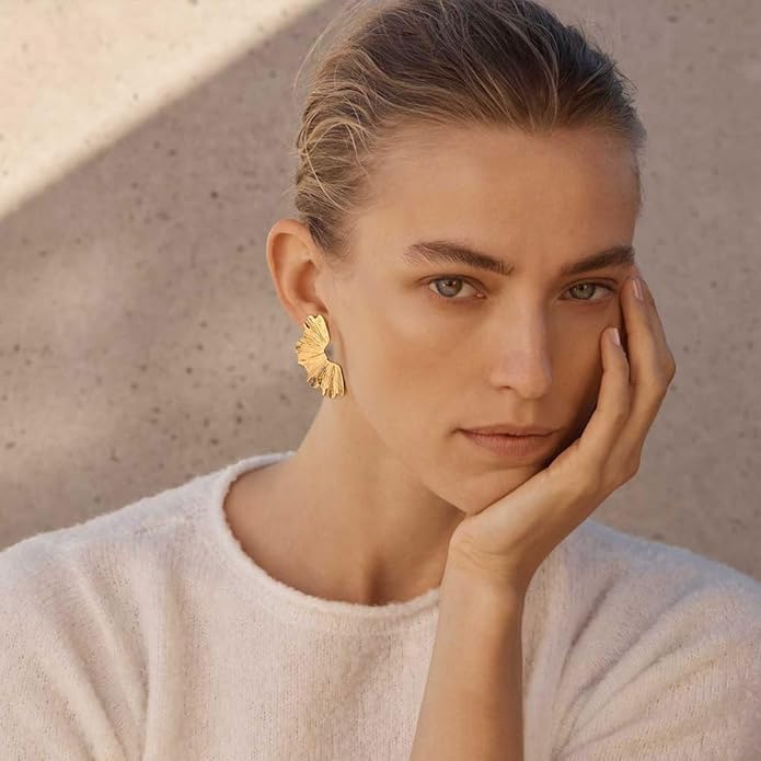 Chunky Gold Statement Earrings For Women Gold Plated Sectored Flower Leaf Shell Angel Wing Earrings Large Stud Earrings Hypoallergenic Earrings