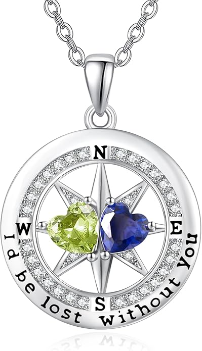 Compass Birthstones Necklace for Women, Exquisite Anniversary Birthday Gifts for Wife Her Double Birthstone Pendant jewelry ‘I'd be Lost Without You’