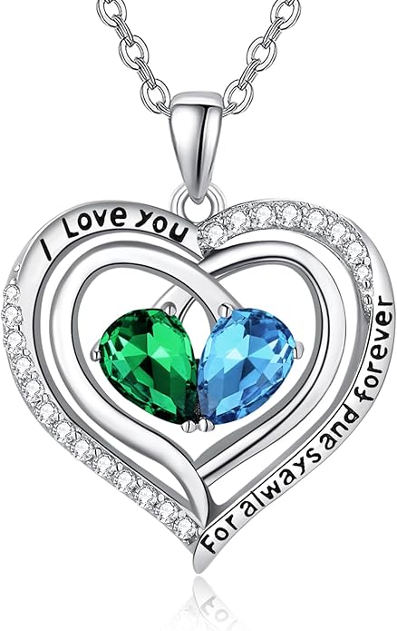 Zeuslia Double Birthstone Necklace Gifts for Wife - 925 Sterling Silver Sunflower/Rose/Crown Cross/Compass/Heart Pendant I Love You Necklace, Anniversary Birthday Gifts for Wife Girlfriend Mom Her