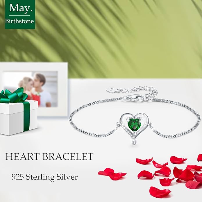 LAVUMO Love Heart Bracelets for Women 925 Silver Charm Birthstone Bracelet Adjustable Anniversary Birthday Jewelry Gifts for Women Girlfriend Wife Daughter Mom Her