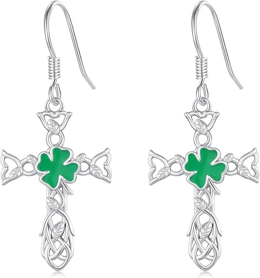 JUSTKIDSTOY St Patricks Day Earrings Gifts 925 Sterling Silver Four Leaf Clover Shamrock Earrings Irish Jewelry for Women Girls