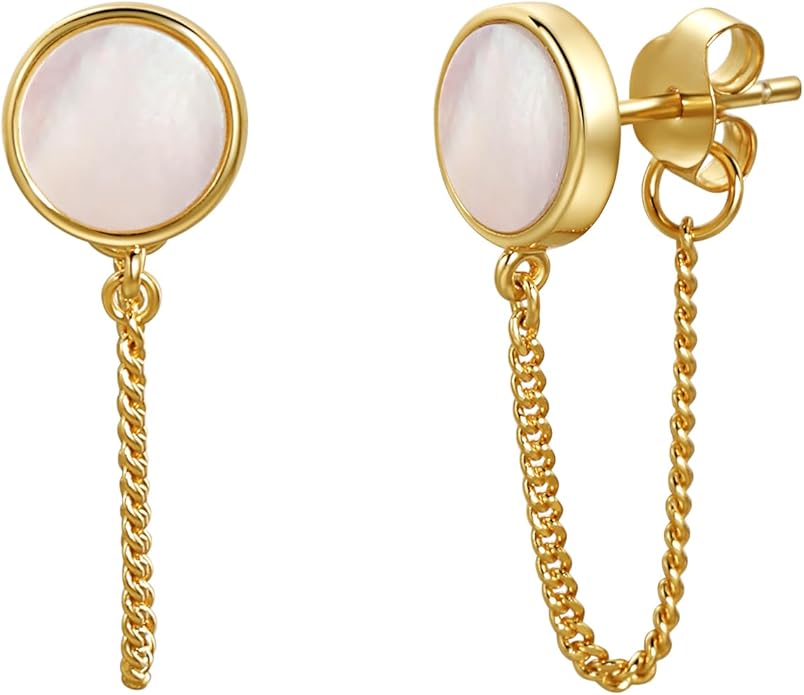 S.Leaf Gold Stud Earrings for Women 925 Sterling Silver Hypoallergenic Mother of Pearl Shell Stud Chain Earrings Friendship Jewelry Gifts for Women Her