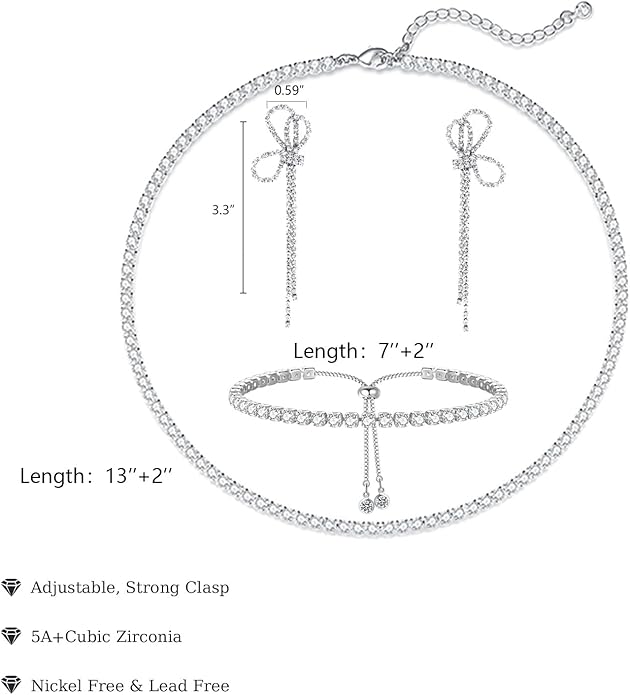 Tennis Necklace Bracelet for Women, Sterling Sliver, Dainty Chocker Necklace, Crystal Bracelet for Women, Wedding Jewelry for Bride, Sparkly Party Prom Hypoallergenic