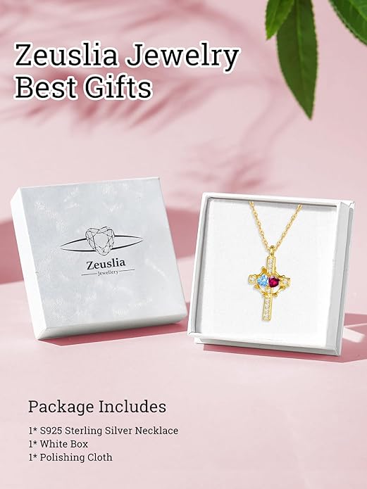 Zeuslia Double Birthstone Necklace Gifts for Wife - 925 Sterling Silver Sunflower/Rose/Crown Cross/Compass/Heart Pendant I Love You Necklace, Anniversary Birthday Gifts for Wife Girlfriend Mom Her