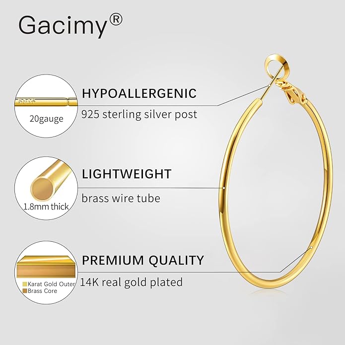 Gacimy Gold Hoop Earrings for Women 14K Gold Plated, 925 Sterling Silver Post Hypoallergenic Earrings Hoops for Women