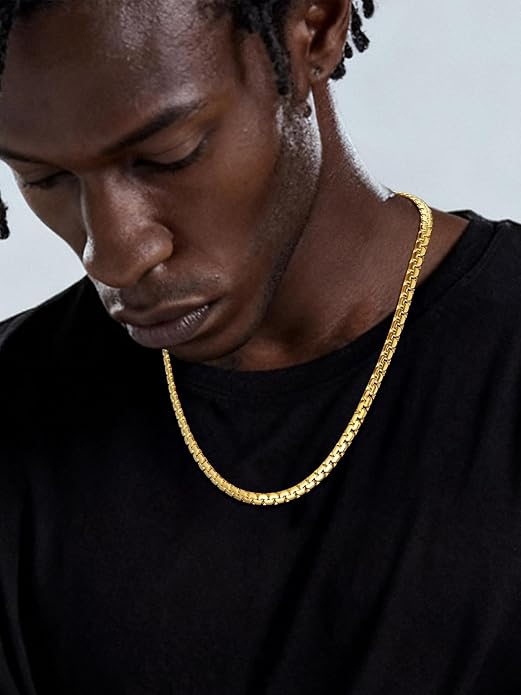 Richsteel Stainless Steel Mens Flat Link Chain Necklace, Black/Gold/Steel Chain for men, 2mm/4mm/6mm Width, No Tarnish & Hypoallergenic Hip Hop Jewelry, 18"-30" Length