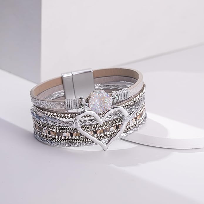 FANCY SHINY Heart Leather Wrap Bracelets Stackable Boho Cuff Bangles Trendy Resin Stone Rhinestone Bracelets with Magnetic Clasp for Women