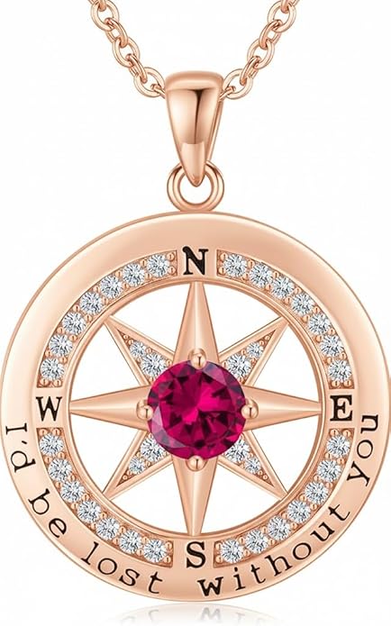 Compass Necklace for Women Wife Girlfriend Mom Daughter Gifts S925 Silver Jewelry For Anniversary Rose Gold Gifts For Birthday Christmas Mothers Valentines Day 12 Birthstones