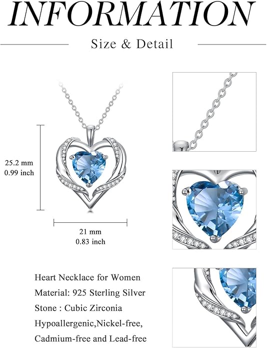 WINNICACA Birthday Gift for Mom Heart Necklace for Women 925 Sterling Silver Birthstone Necklace Jewelry Gift for Women Wife Her Girlfriend Sister