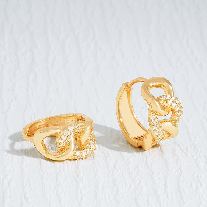 Gold Huggie Hoop Earrings 14K Gold Plated Dainty Chunky Thick Hoop Diamond Cubic Zriconia Inlay Sleeper Tiny Delicate Boho Beach Simple Hypoallergenic Jewelry Gift for Her