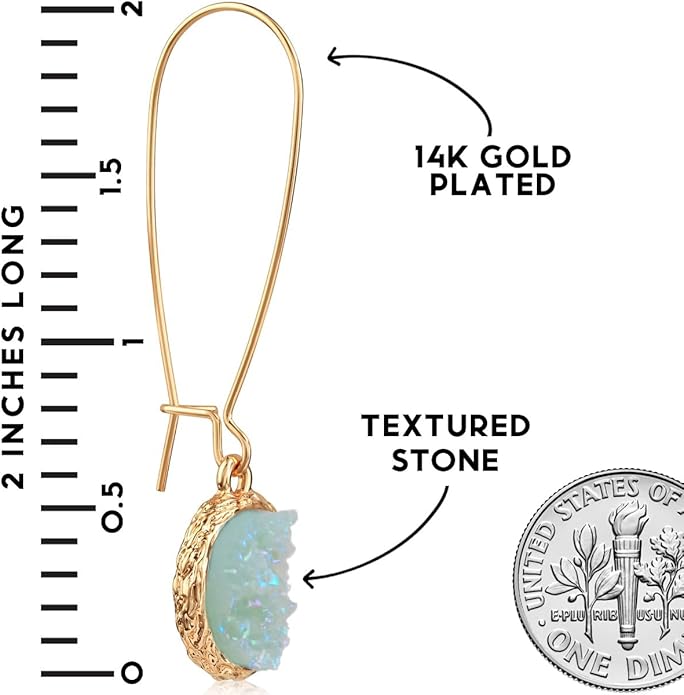 Simulated Druzy Threader Drop Earrings for Women - Gold, Silver, or Rose Gold Tone Trendy Boho Dangles with Sparkly Round Stone