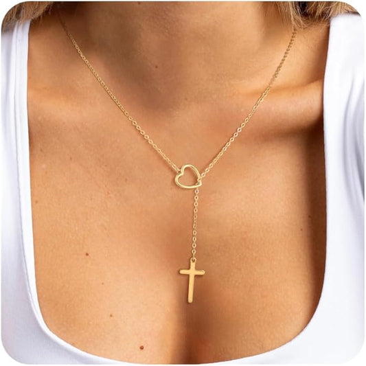 Lariat Necklace for Women, Dainty 14K Gold/Silver Plated Long Necklaces for Women Trendy Simple Layered Y-Shaped Drop Pendant Necklace Adjustable Gold Jewelry Gifts For Her Christmas Stocking Stuffer