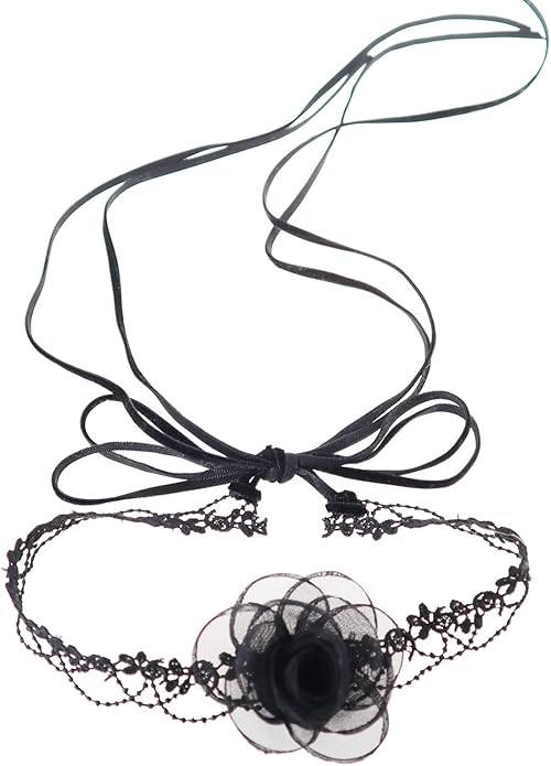 Black Choker Camellia Flower Lace-up Necklace For Women