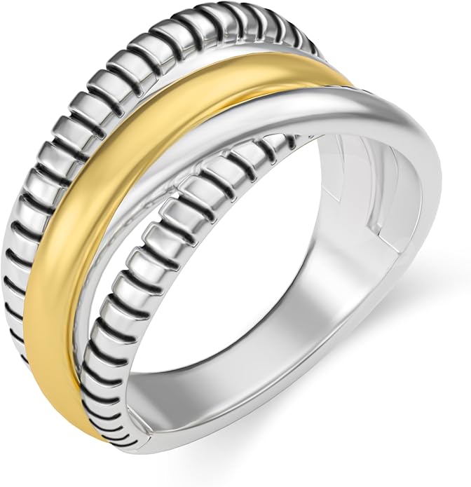 Two-Tone Wide Statement Ring for Women - Gold Silver Crossover Band with Ribbed Texture - Modern Fashion Jewelry Cocktail Ring - Mixed Metal Layered Design