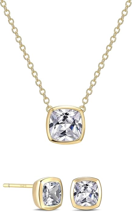 925 Sterling Silver Cubic Zirconia Necklace and Earrings Set for Women, Heart, Cushion, Round, Emerald Cut CZ, Solitaire Bezel Jewelry Set, CZ Bridal Jewelry Set, Bridesmaid Gift